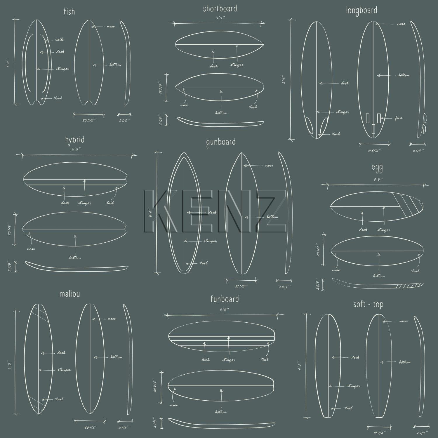 wallpaper technical drawings of surfboards greyish green 128870