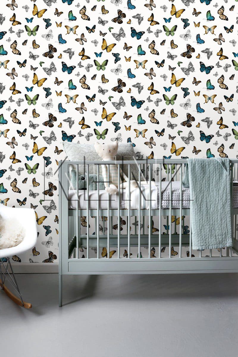 wallpaper butterflies ocher yellow, green and brown 138509