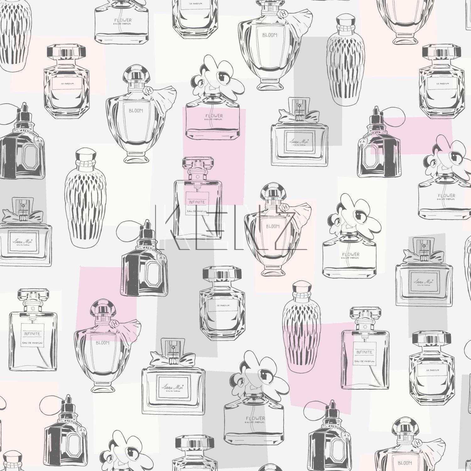 wallpaper perfume bottles lilac purple, light peach pink, gray and white 138856