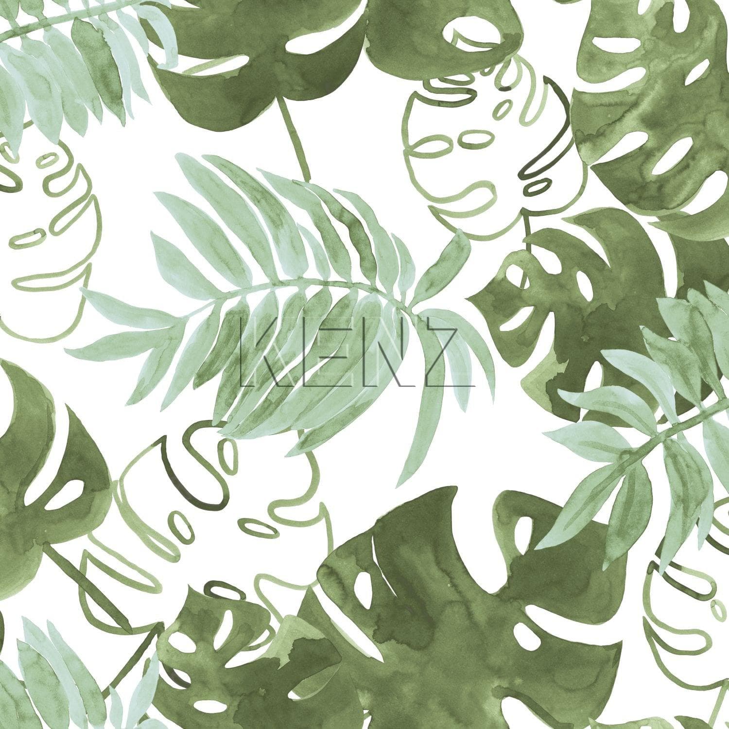 wallpaper painted tropical jungle leaves greyish olive green 138888