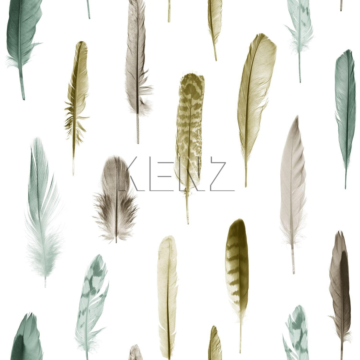 wallpaper feathers ocher yellow, brown and greyish green 138896