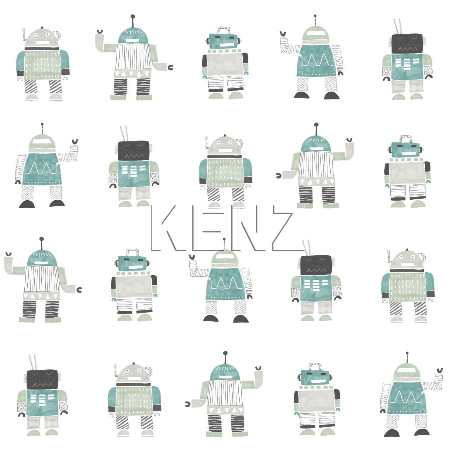 wallpaper drawn vintage toy robots mint green and blue 138938