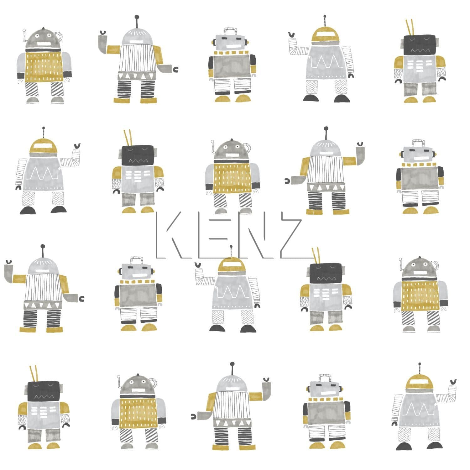 wallpaper drawn vintage toys robots ocher yellow and silver 138940