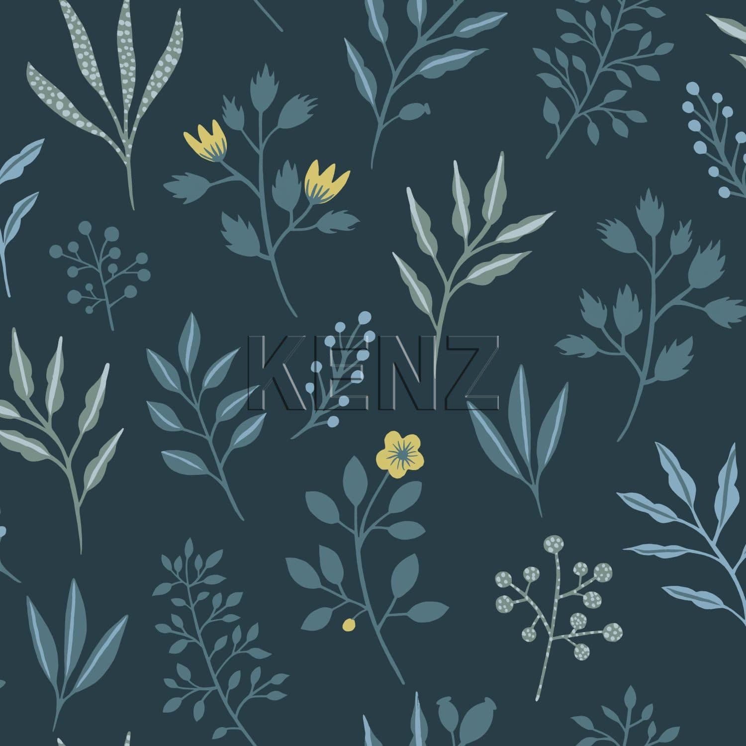 wallpaper floral pattern in scandinavian style dark blue and yellow ocher 139082