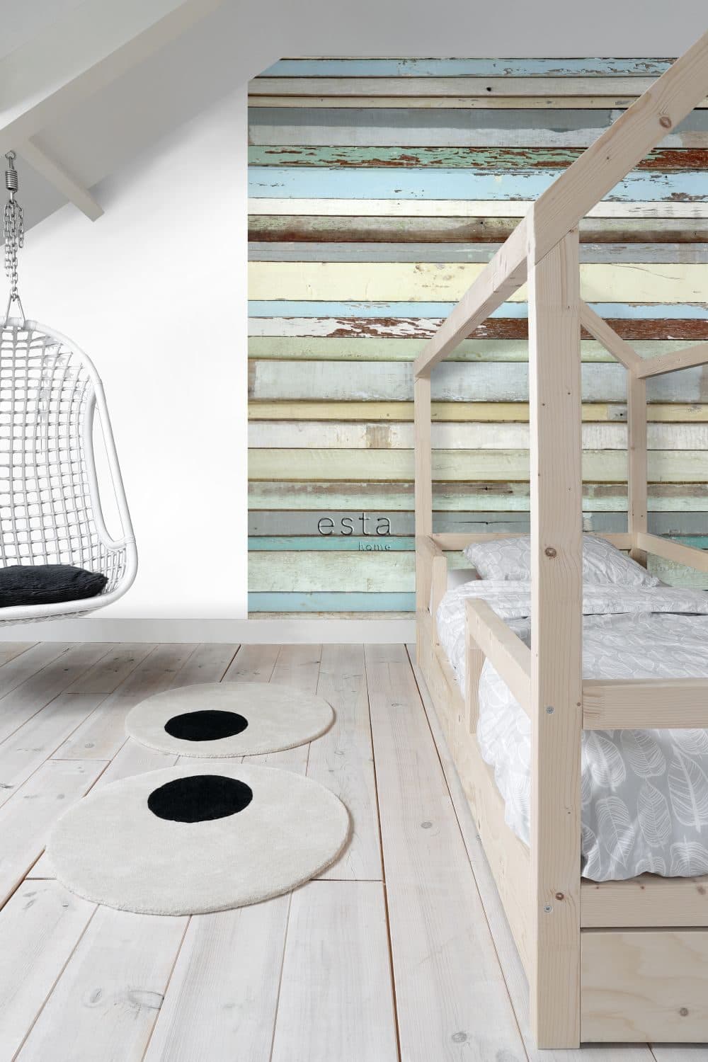 wall mural scrap wood motif blue, grey, pastel yellow and mint green 158004
