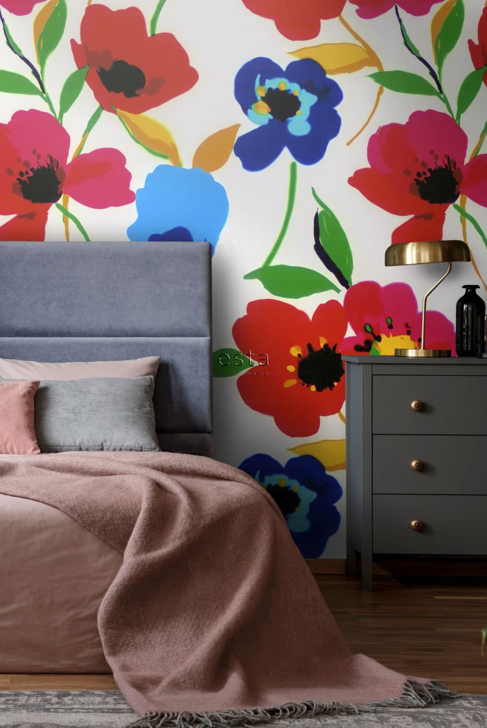 wall mural poppies red, blue, yellow and green 158007
