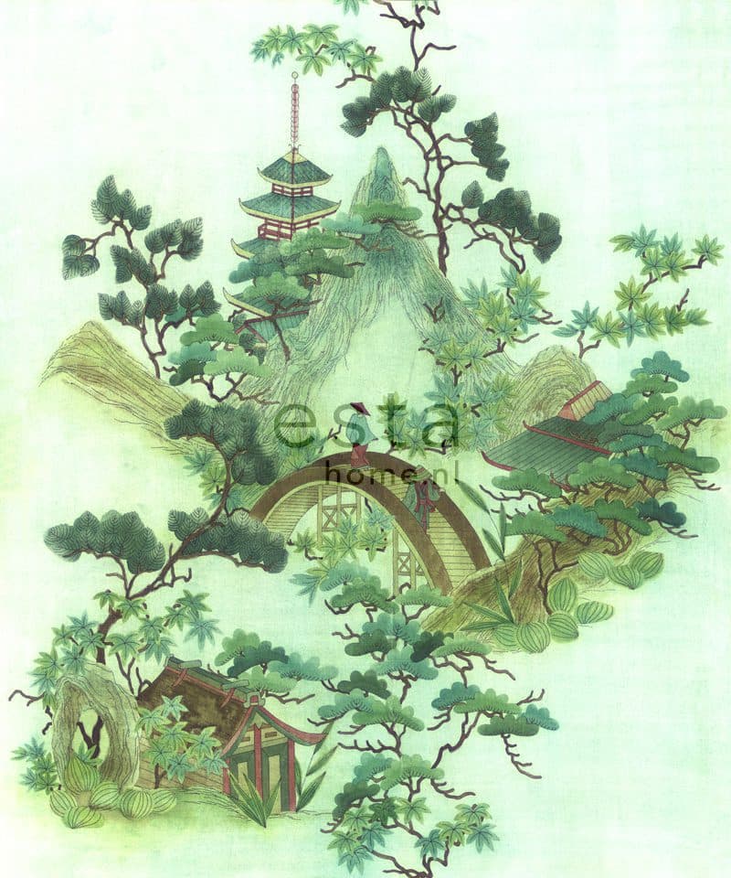 wall mural chinoiserie green and brown 158114