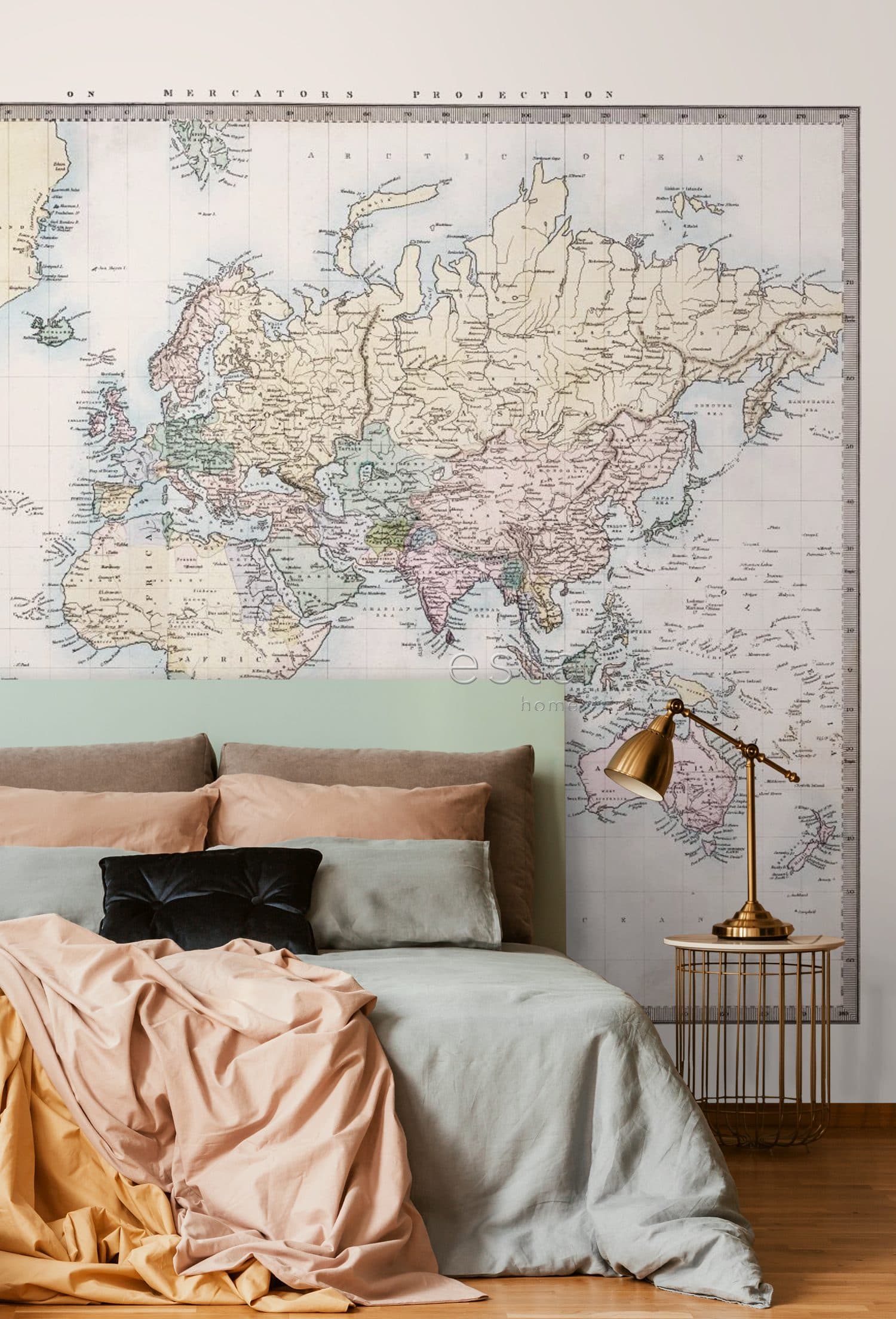 wall mural vintage map of the world beige, pastel yellow, powder pink and green 158210