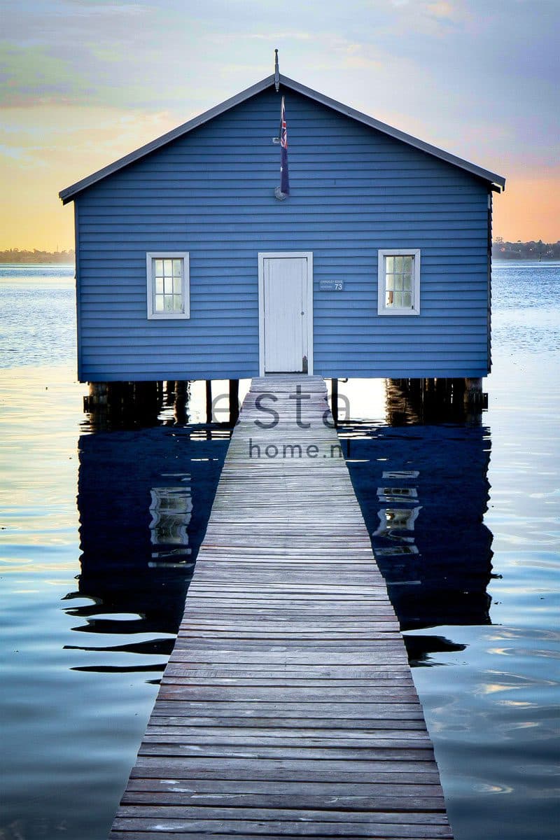 wall mural beach house blue, gray and sunset red 158611