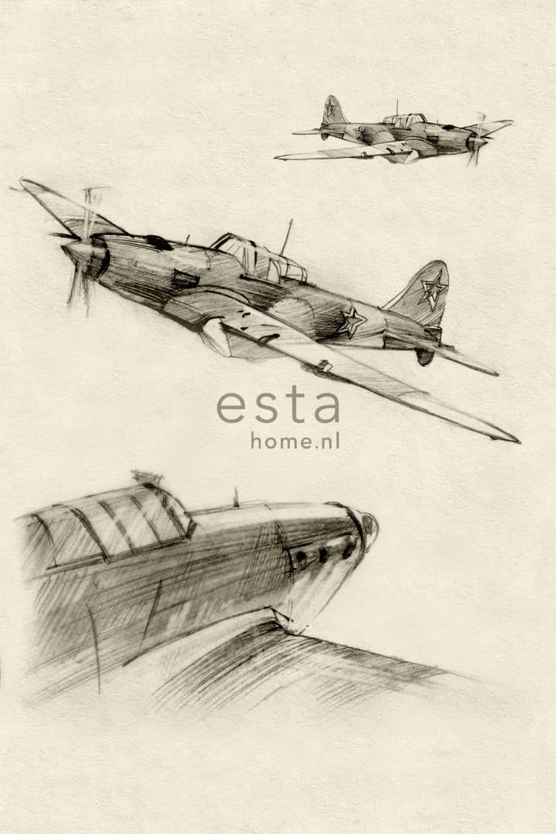 wall mural drawn aircraft beige and gray 158805