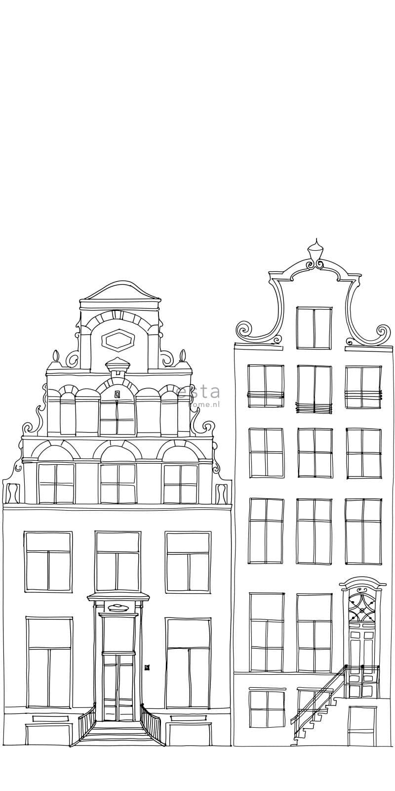 wall mural drawn Amsterdam canal houses black and white 158833