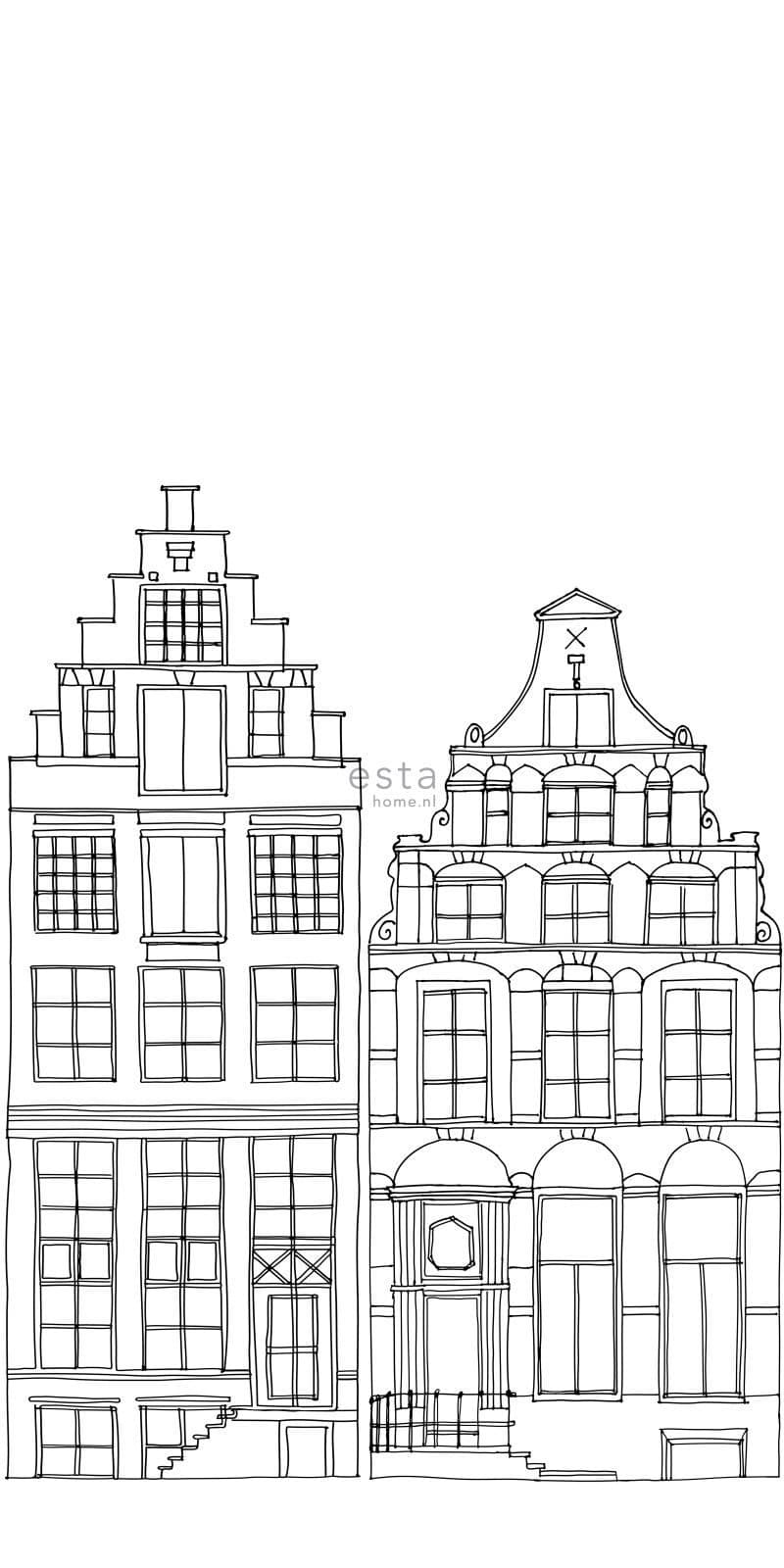 wall mural drawn Amsterdam canal houses black and white 158834