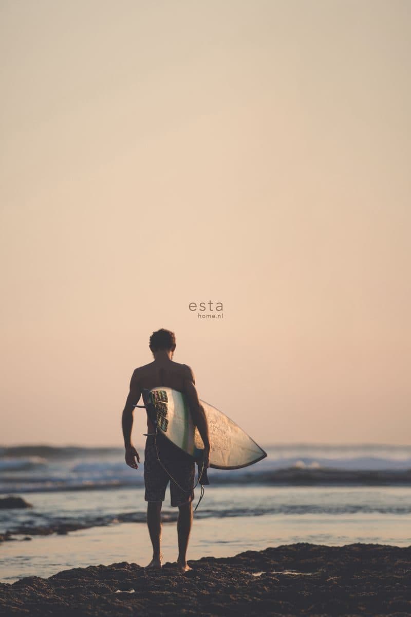 wall mural surfer with surfboard sunset sky, blue and black 158847