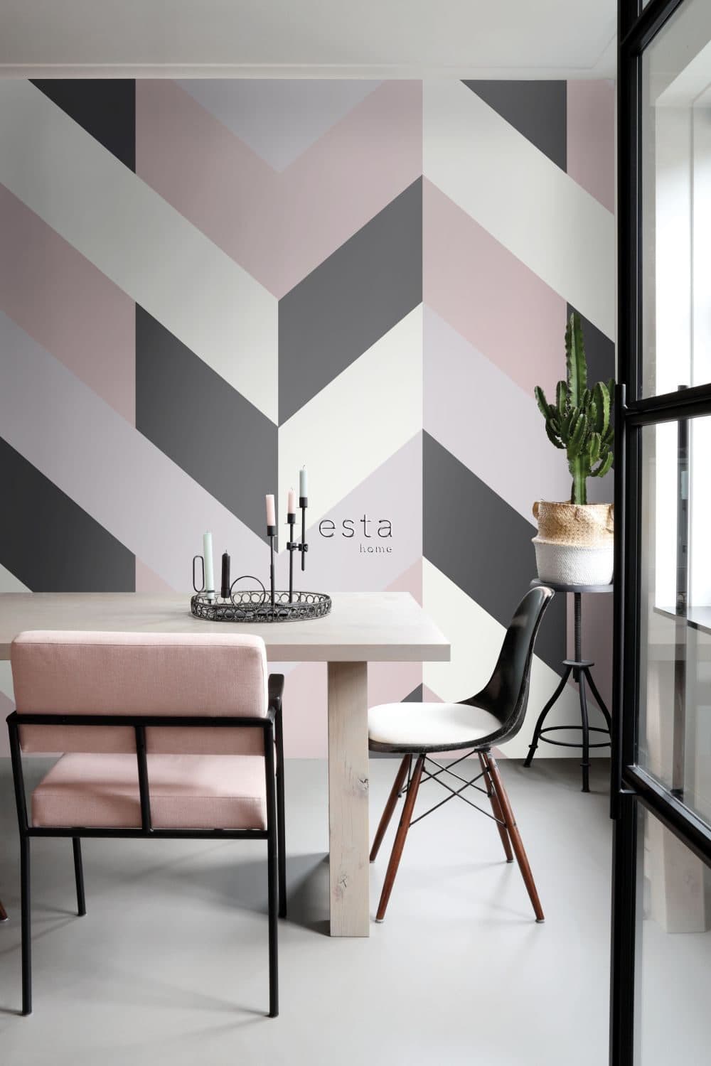 wall mural herringbone pattern black, white and old pink 158902