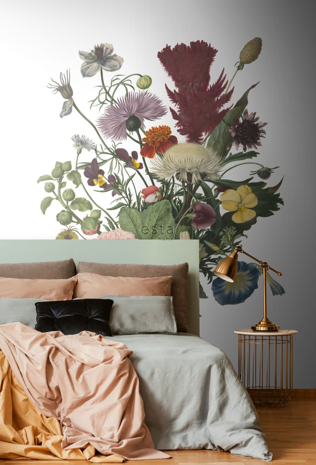 wall mural bouquet green, pink, yellow and purple 158911