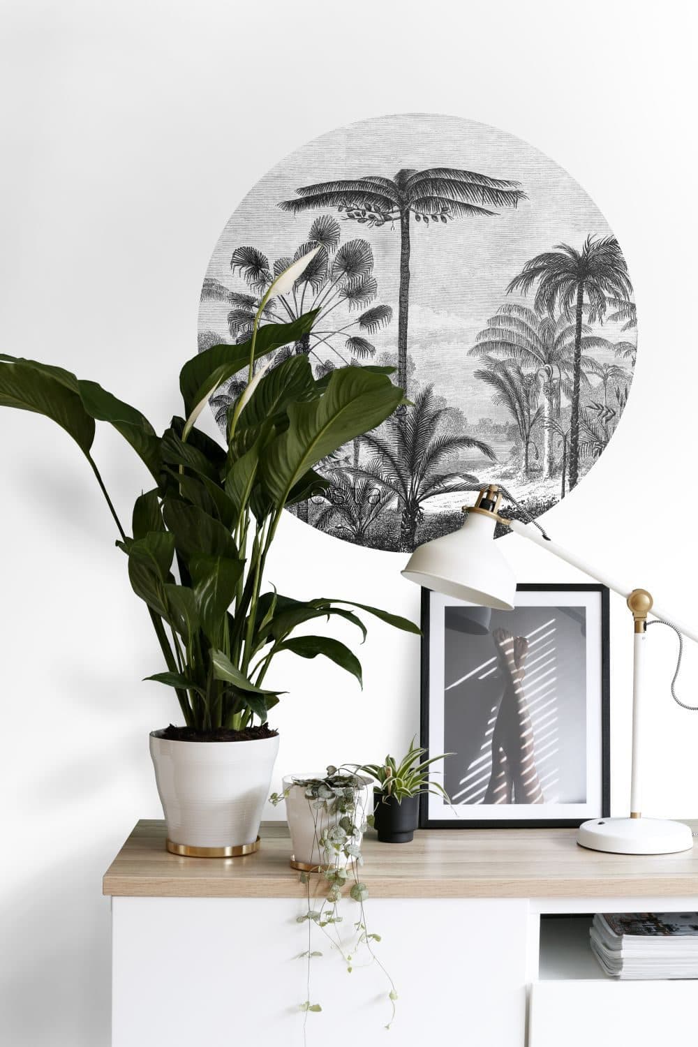 self-adhesive wallpaper circle tropical landscape with palm trees black and white 158982