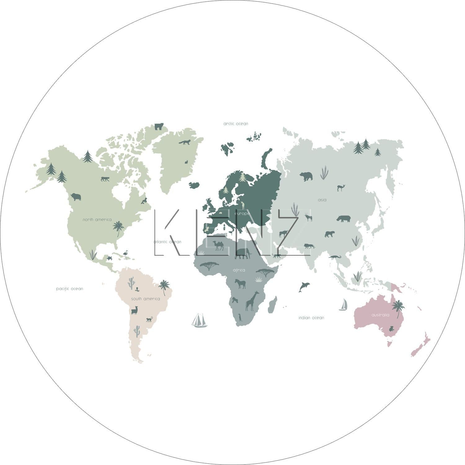 self-adhesive wallpaper circle world map for children mint green, gray and pink 158986