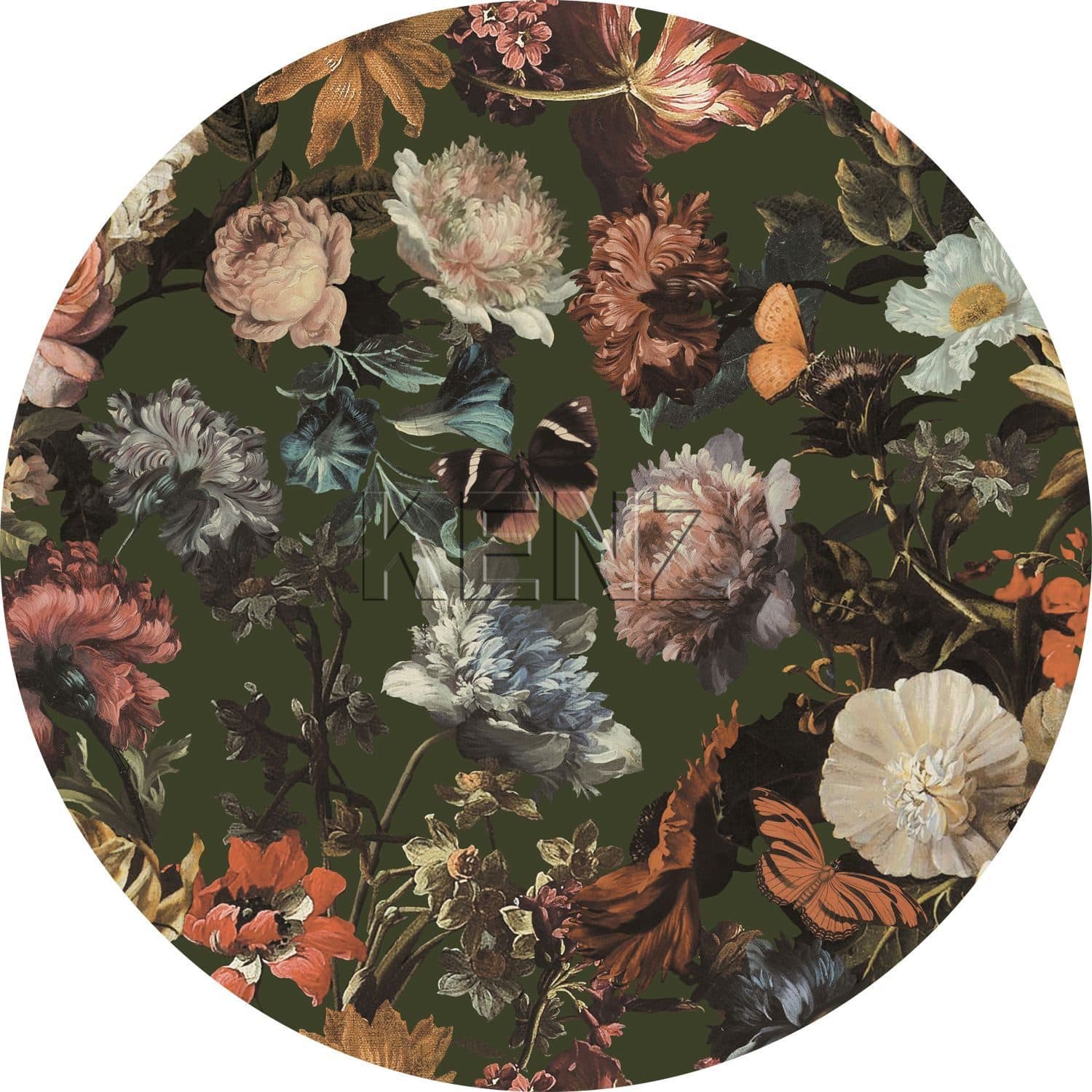 self-adhesive wallpaper circle flowers greyish olive green 158989