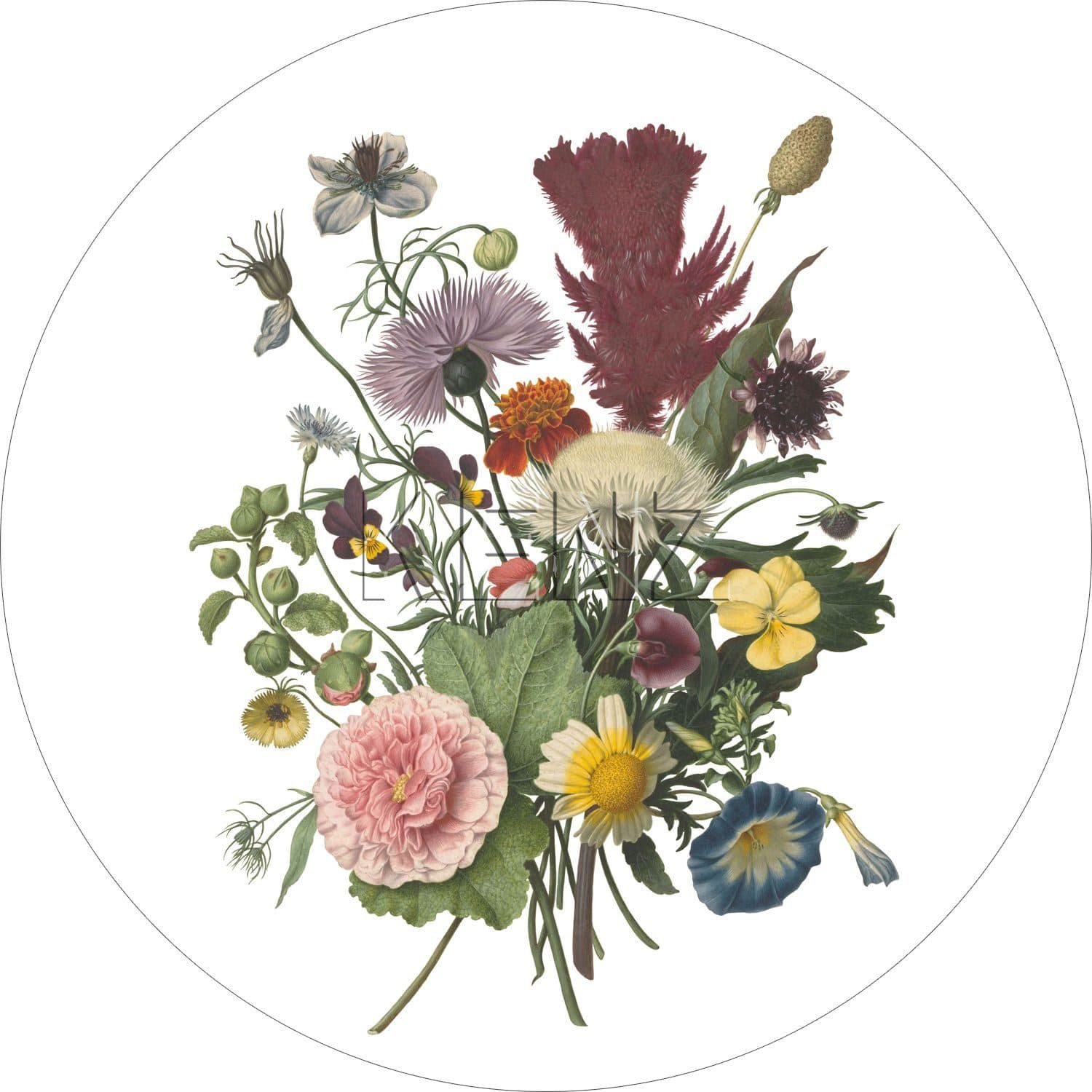 self-adhesive wallpaper circle bouquet green, pink and yellow 158996