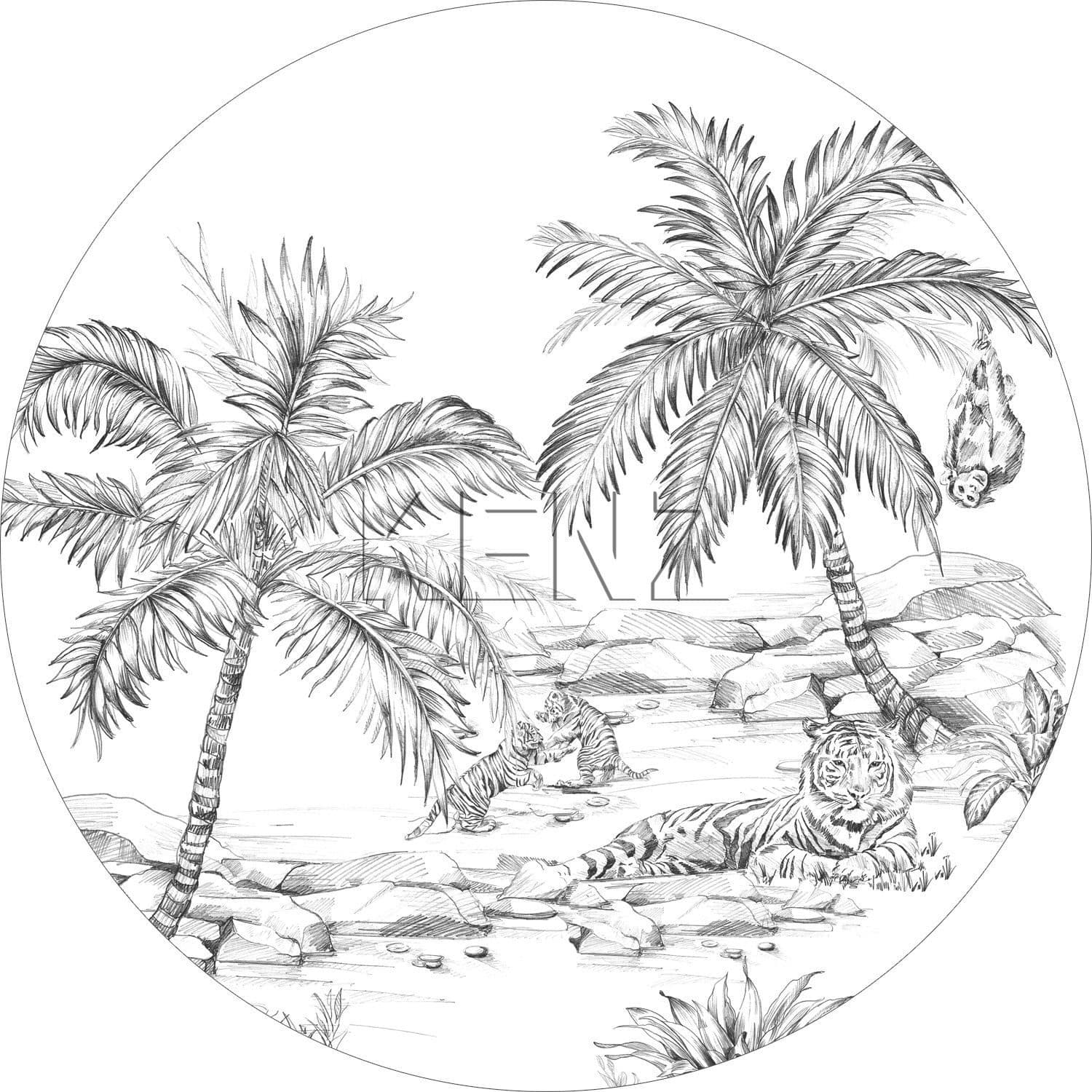self-adhesive wallpaper circle safari pen drawing black and white 159004