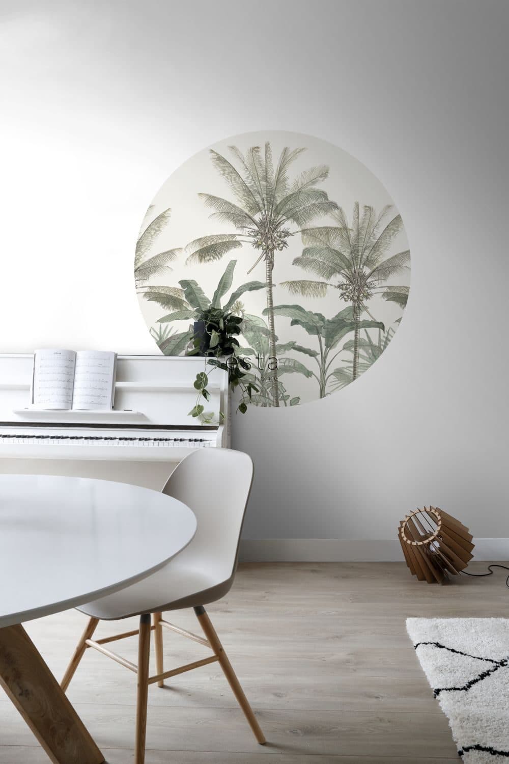self-adhesive wallpaper circle palm trees light beige and greyish green 159007