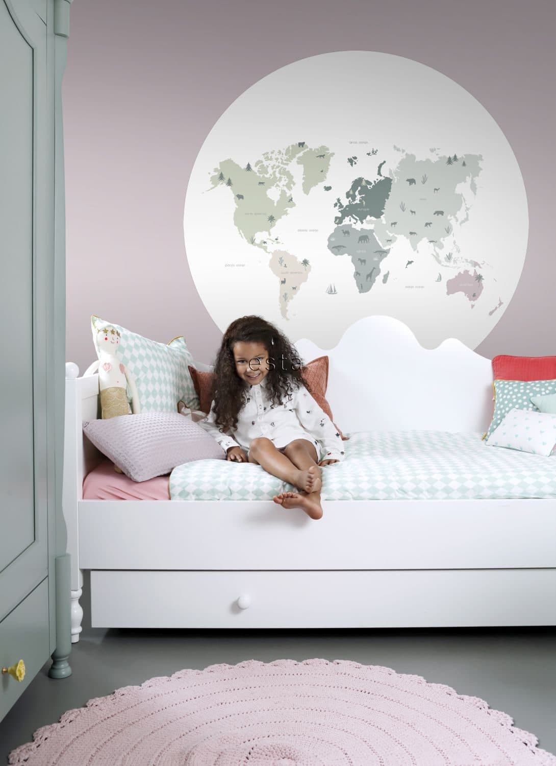 self-adhesive wallpaper circle world map for children mint green, gray and pink 159010