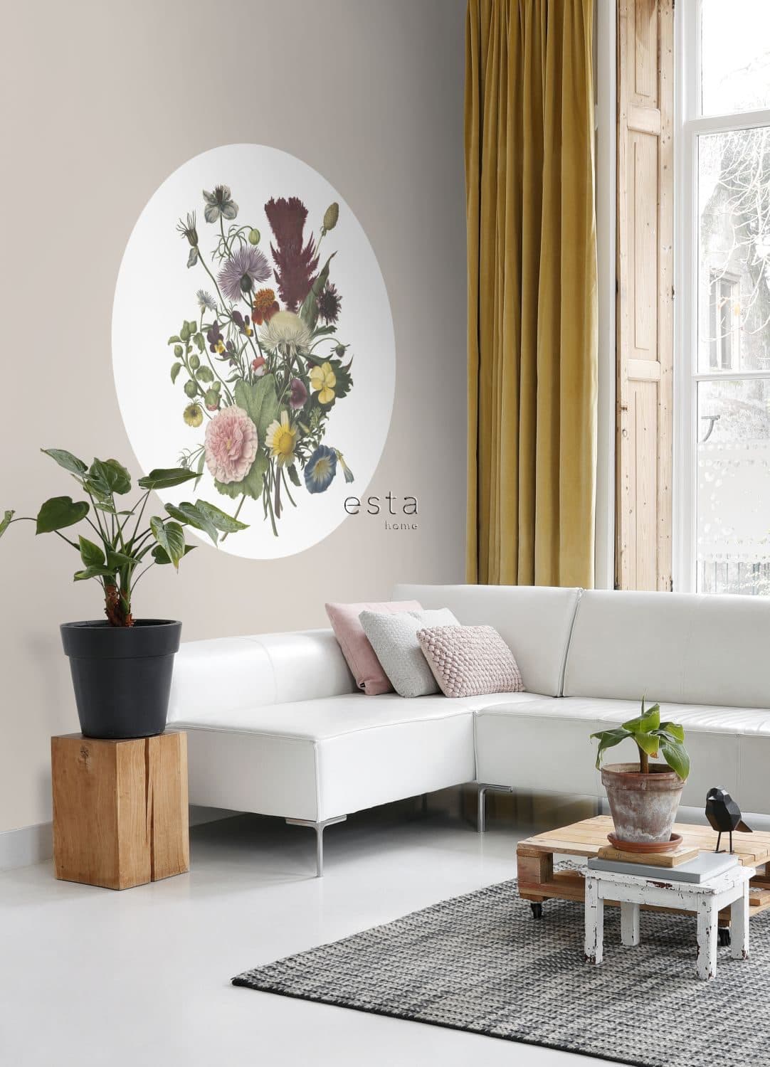 self-adhesive wallpaper circle bouquet green, pink and yellow 159020