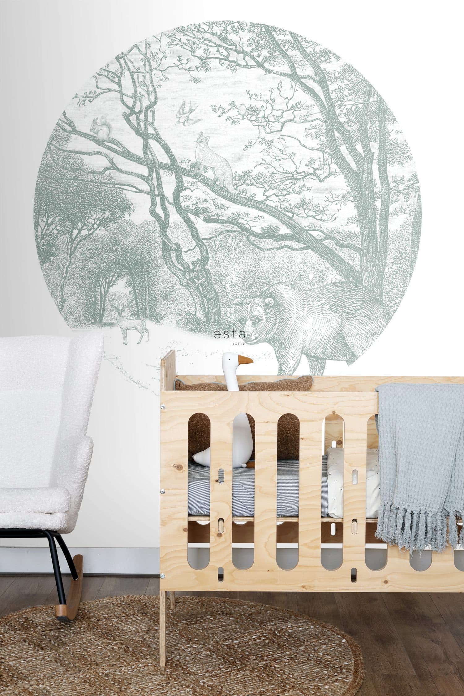 self-adhesive wallpaper circle forest with forest animals green 159084