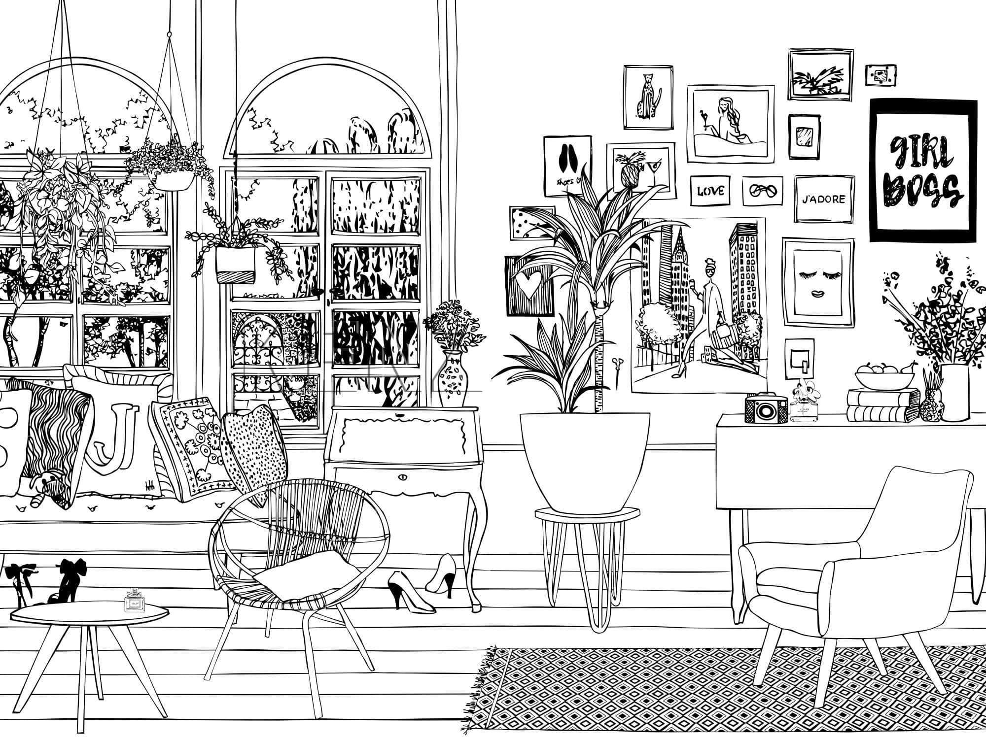 wall mural drawing living room black and white 159096