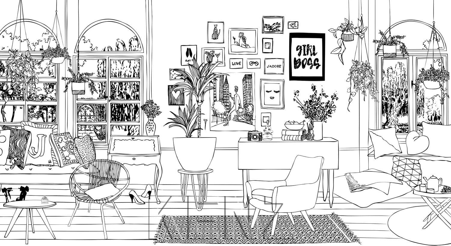 wall mural drawing living room black and white 159098