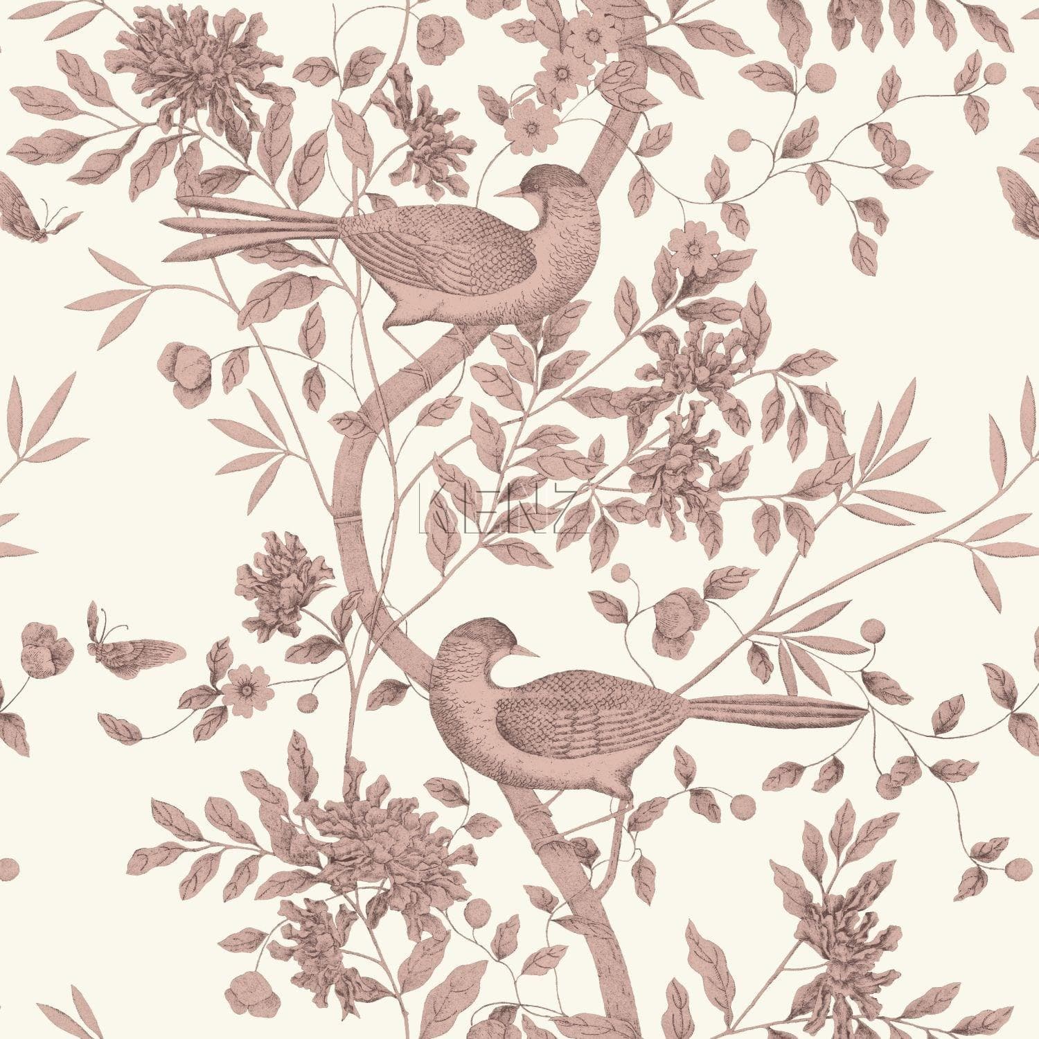 wallpaper bird engraving ivory white and shiny copper brown 347457
