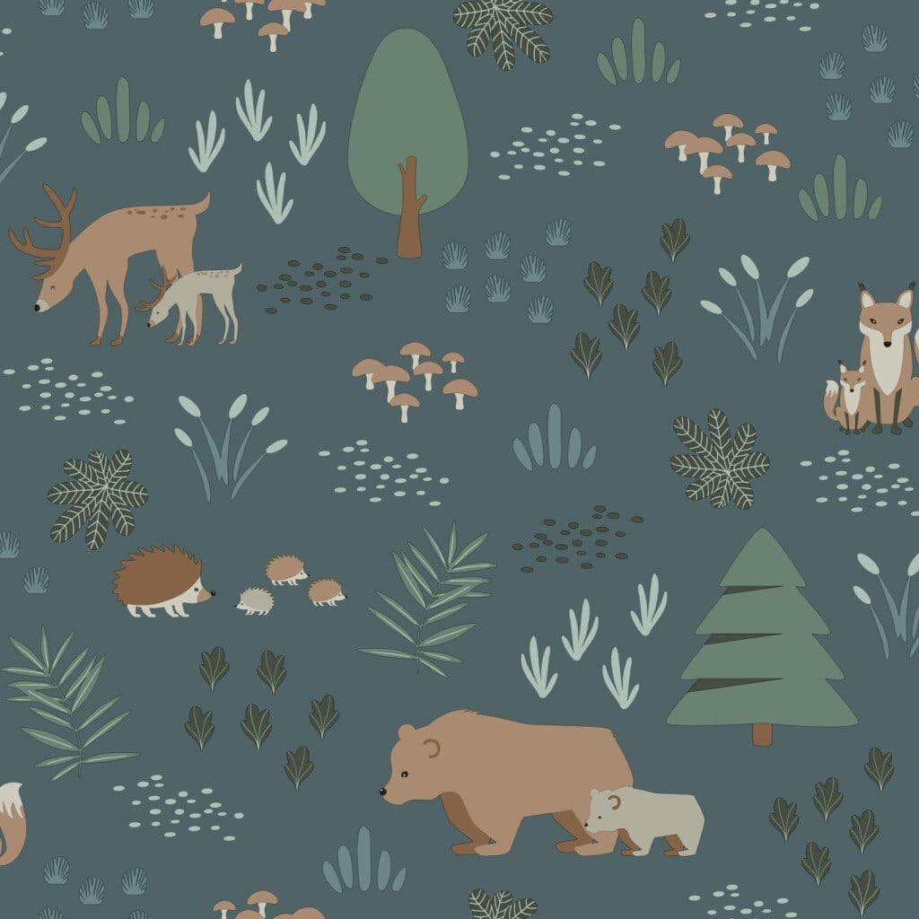 wallpaper forest with forest animals grayed vintage blue, green and beige 139248