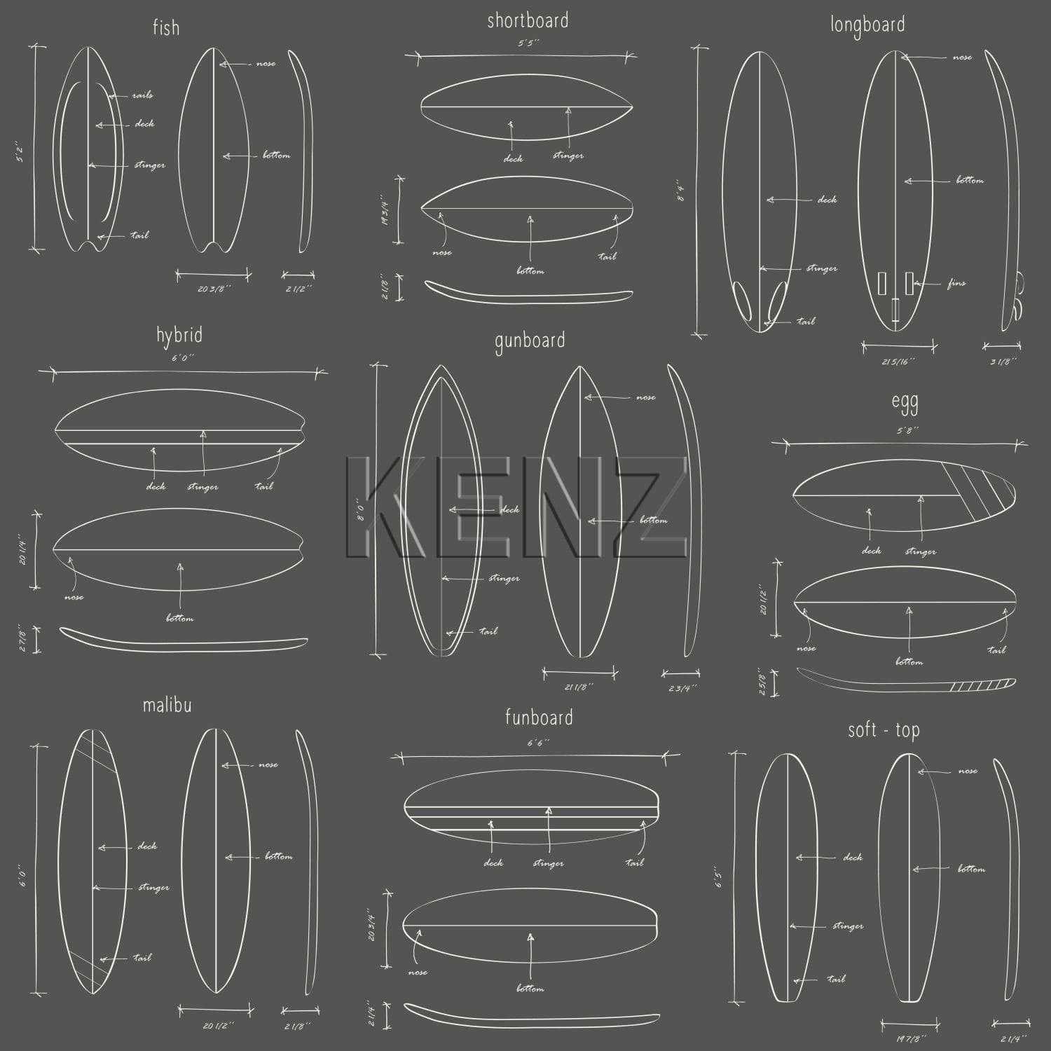 wallpaper technical drawings of surfboards dark gray 128872