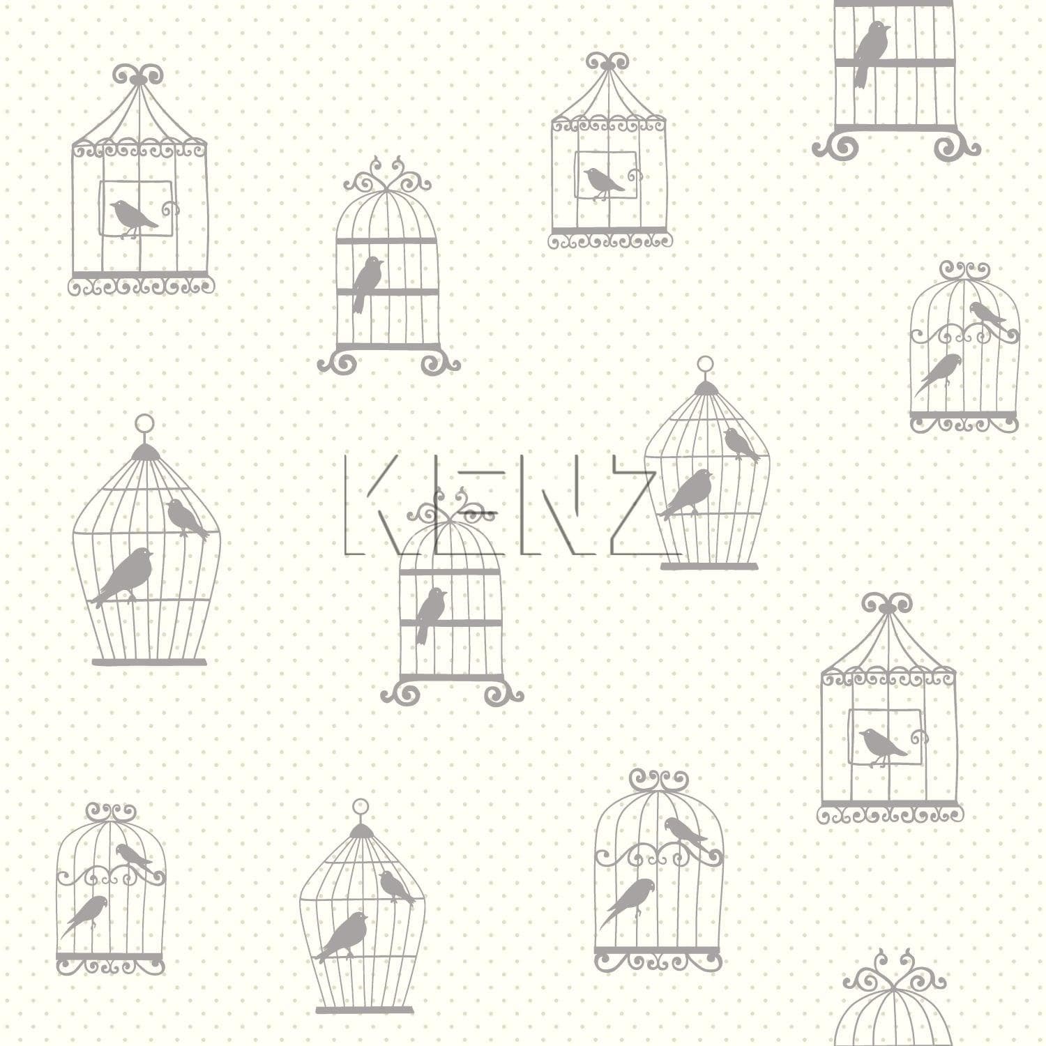 wallpaper drawn birdcages silver 137339
