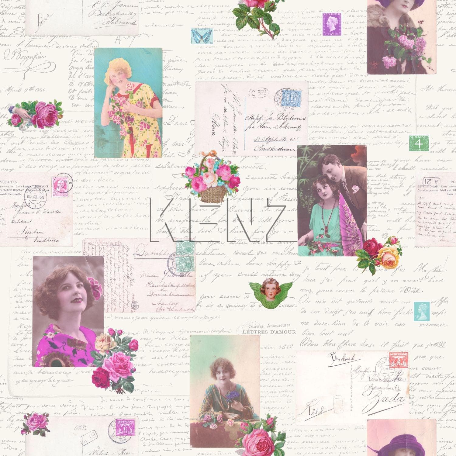 wallpaper vintage postcards pink and turquoise 138126