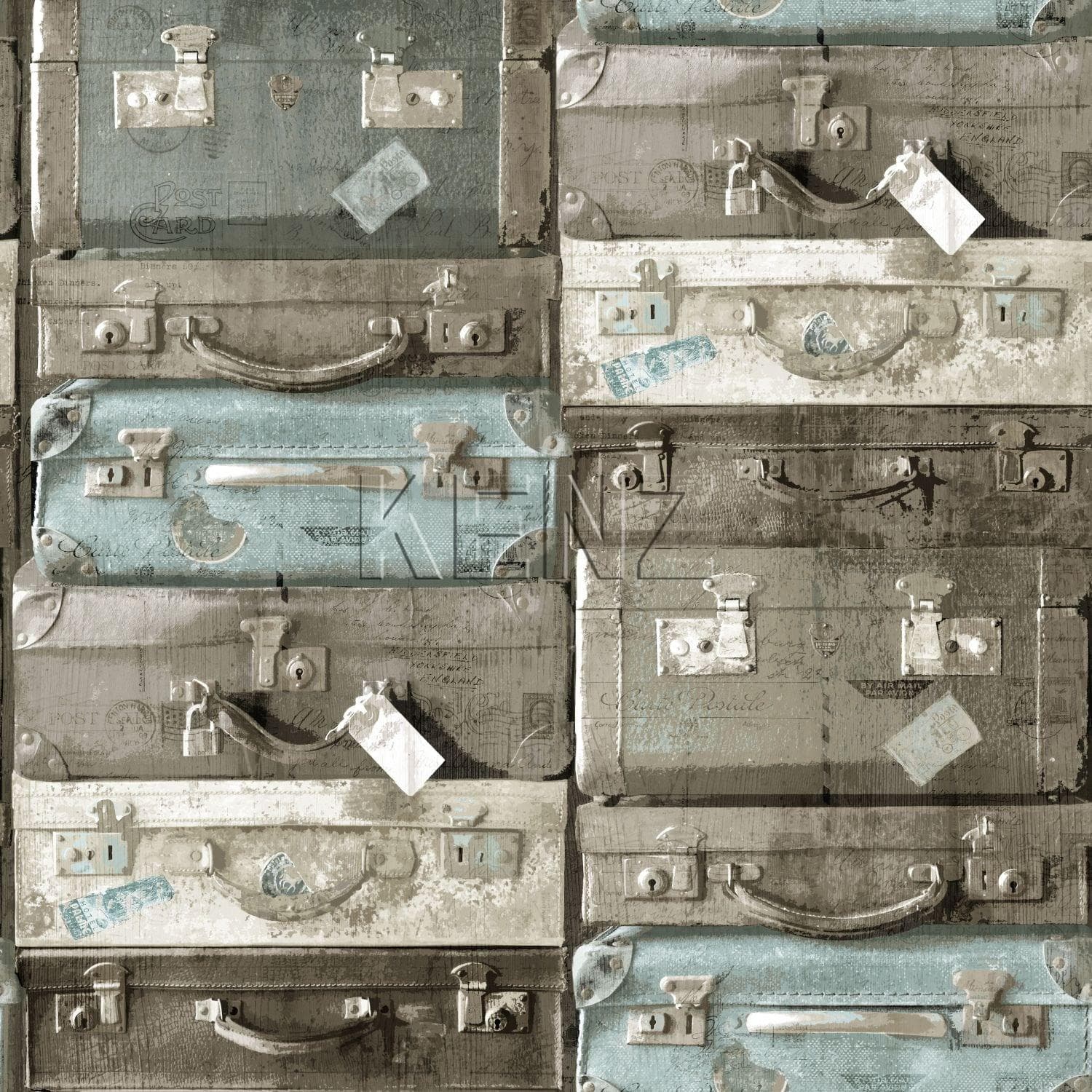 wallpaper vintage suitcases sea green and brown 138214