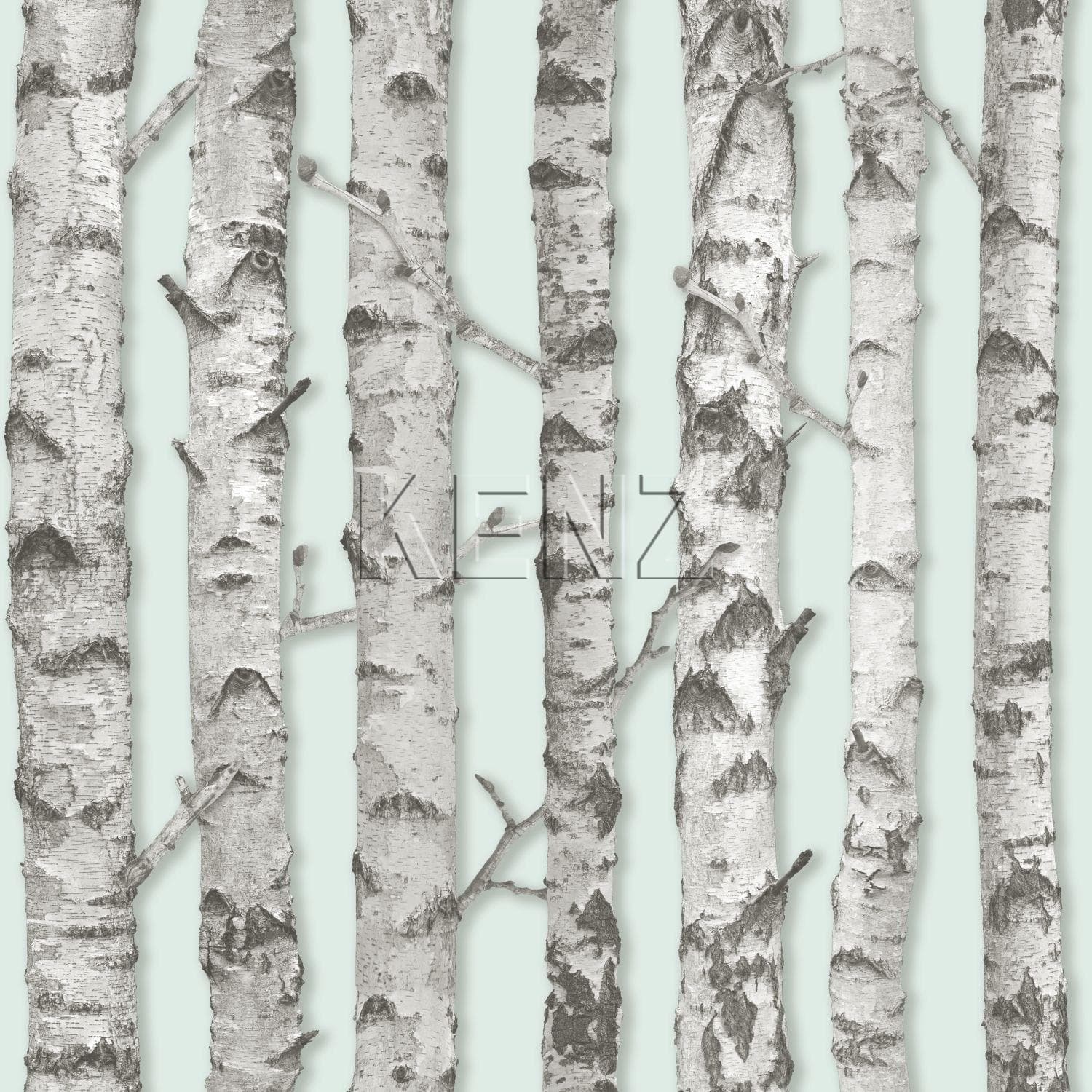 wallpaper birch trunks mint green and warm gray 138890