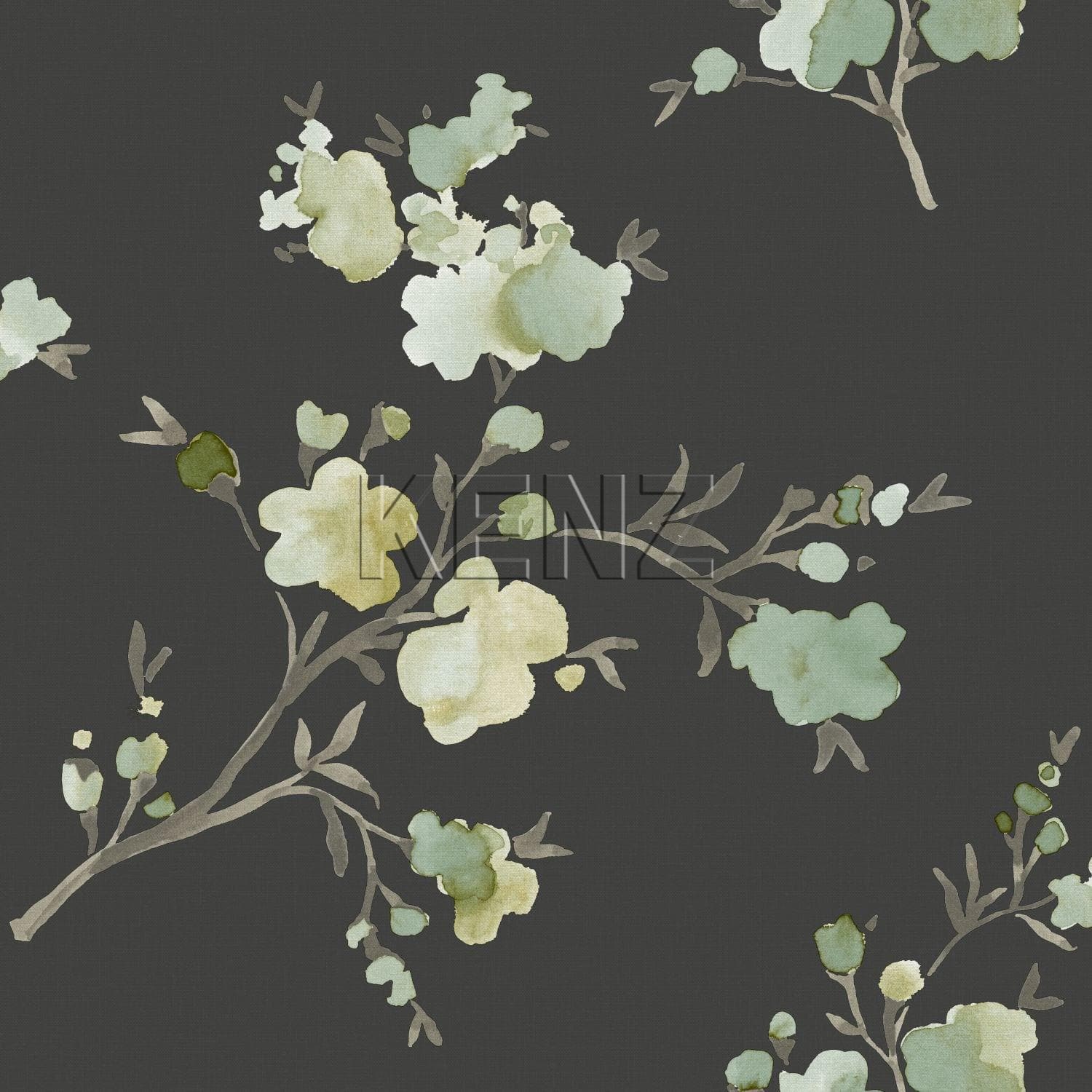 wallpaper cherry blossoms green, yellow ocher and black 148719