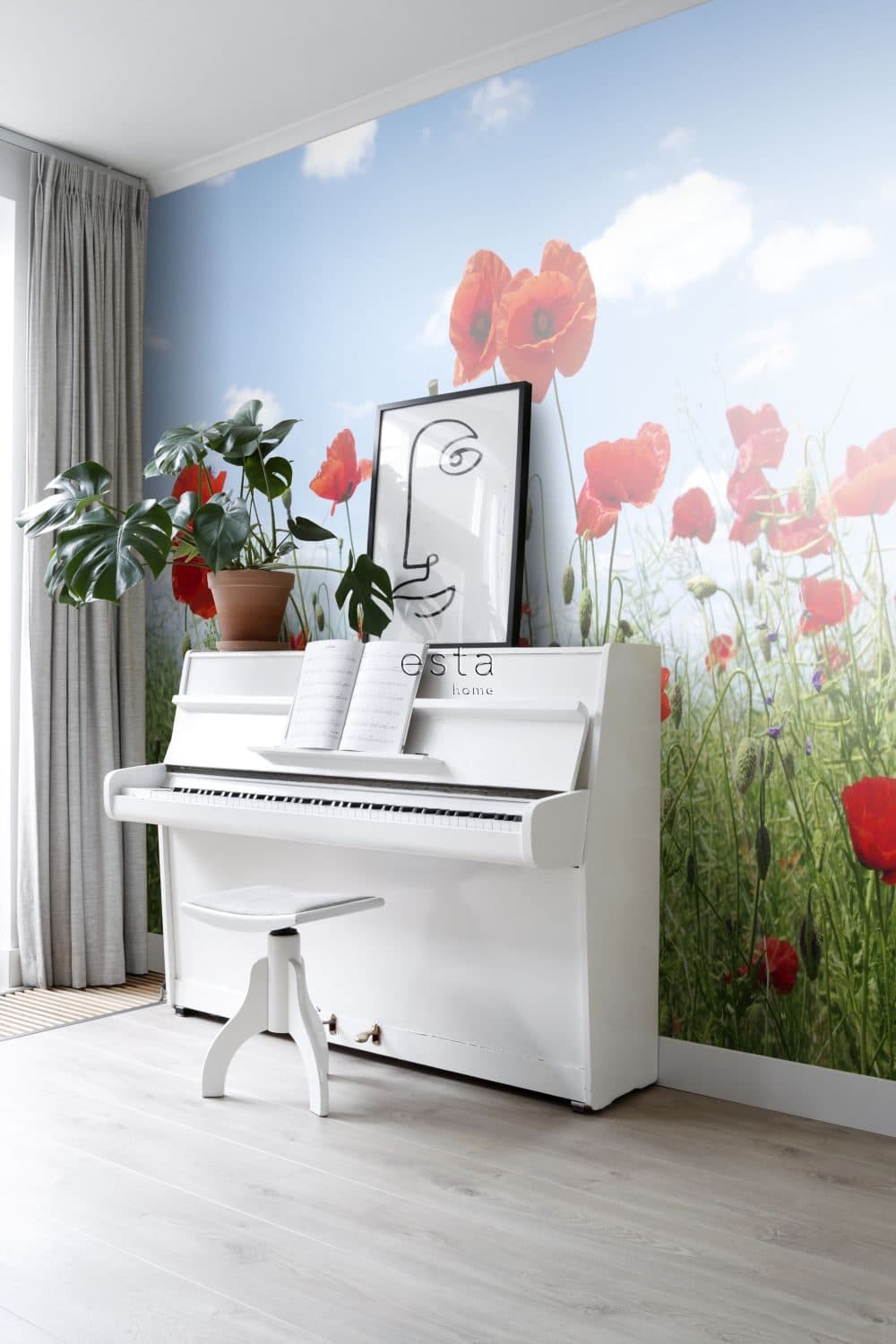 wall mural poppies field red, blue and green 158008
