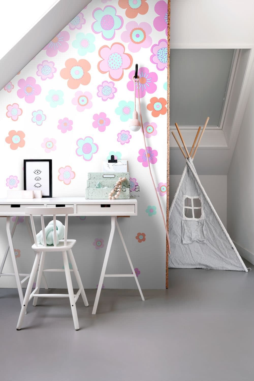 wall mural vintage flowers turquoise, pink and purple 158709