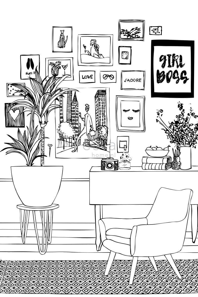 wall mural drawing living room black and white 158813