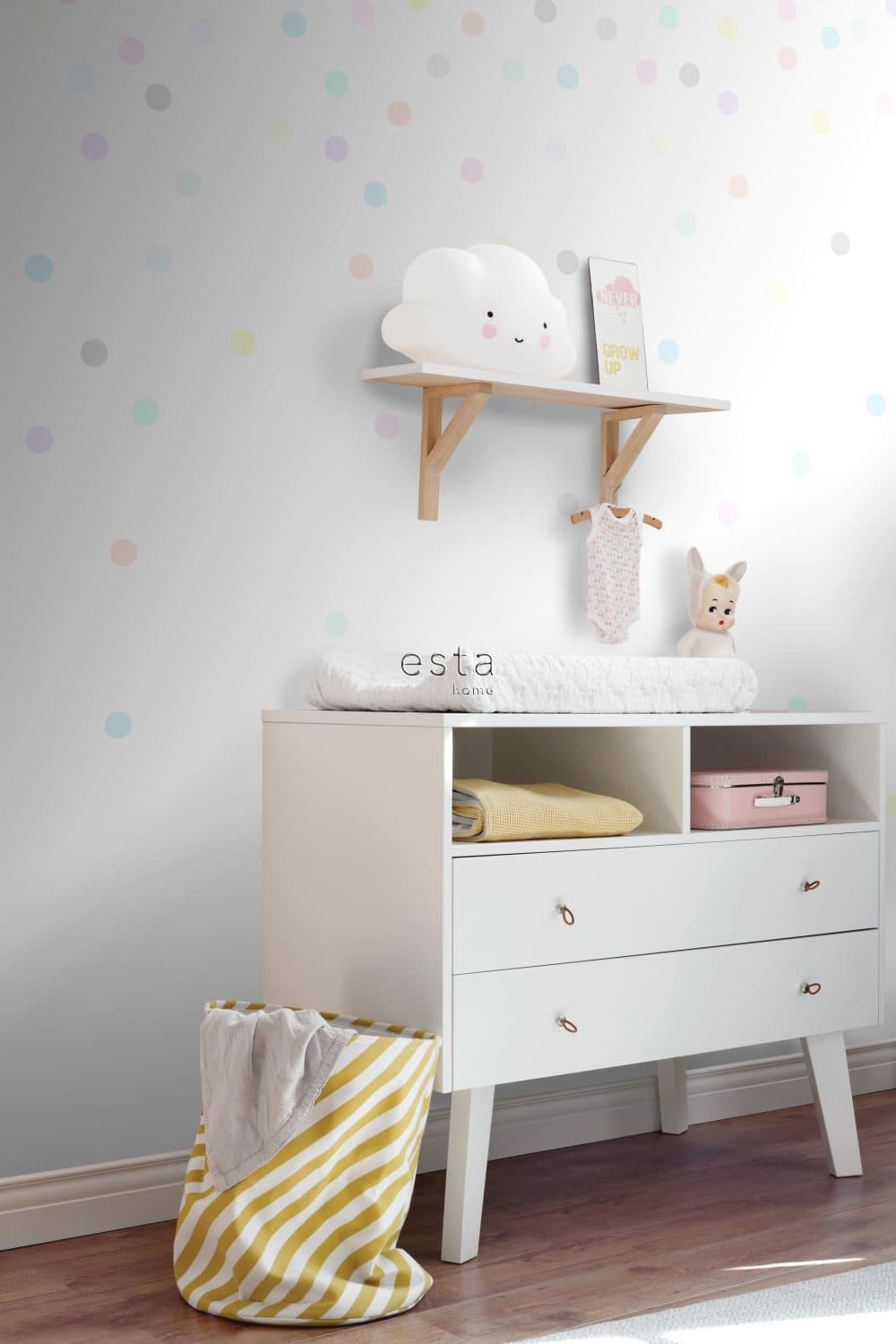 wall mural cheerful confetti dots grey, yellow, purple, soft pink, mint green, blue and orange 158858