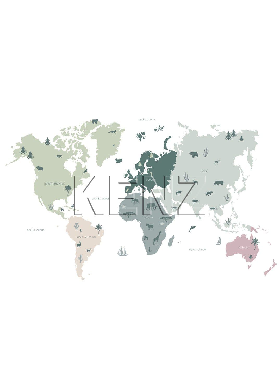 wall mural world map for children mint green, gray and pink 158929