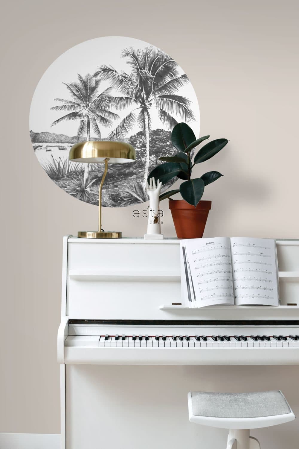 self-adhesive wallpaper circle tropical landscape with palm trees black and white 158981