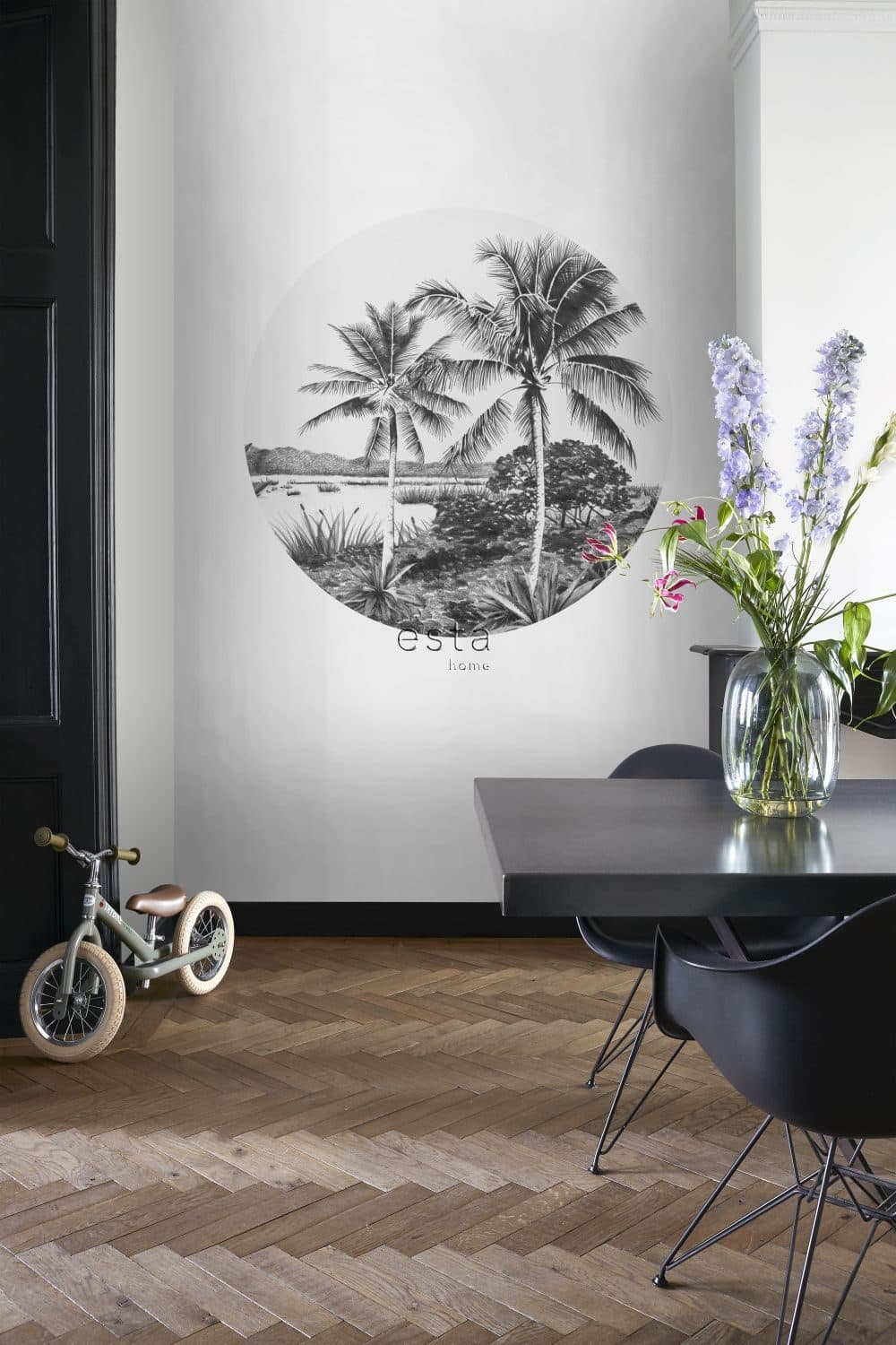 self-adhesive wallpaper circle tropical landscape with palm trees black and white 159005
