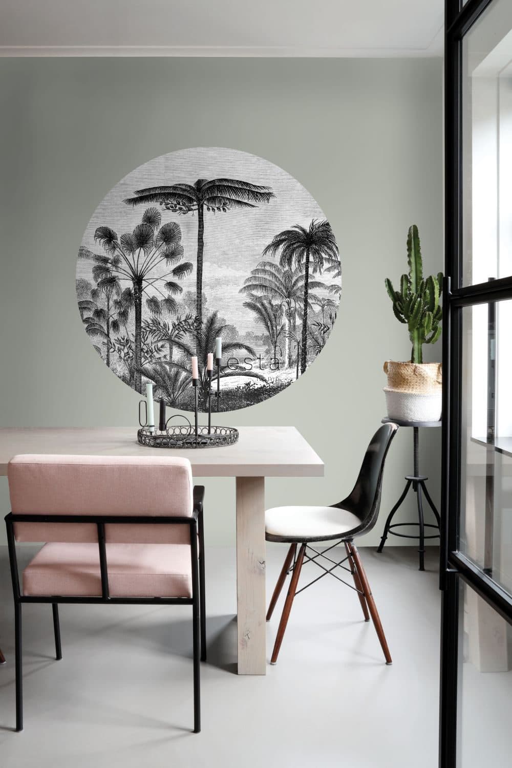 self-adhesive wallpaper circle tropical landscape with palm trees black and white 159006
