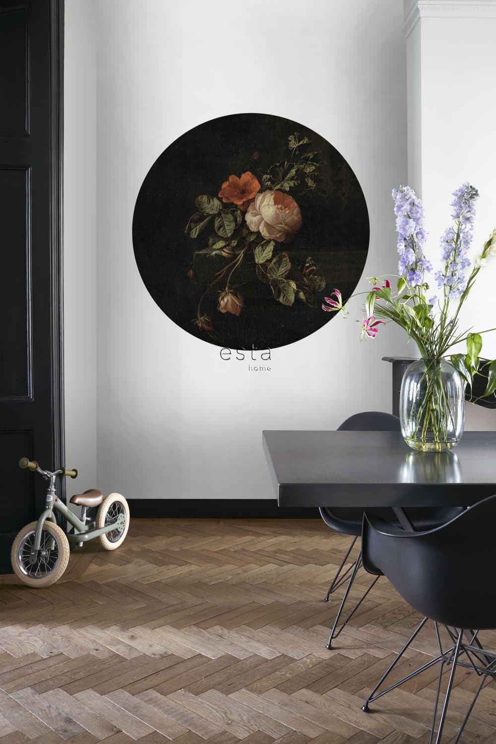 self-adhesive wallpaper circle flower still life black and green 159014