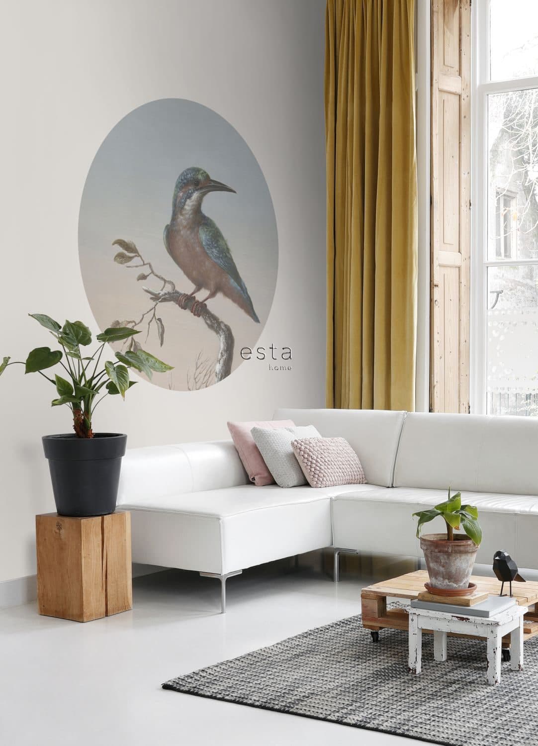 self-adhesive wallpaper circle kingfisher on branch sunset sky 159017