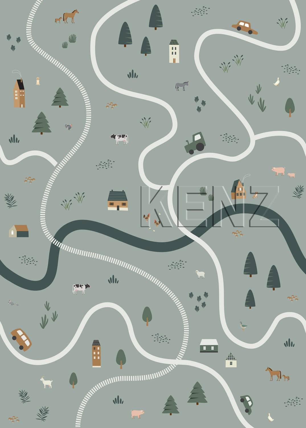 wall mural tractors and farm animals greyish green 159056