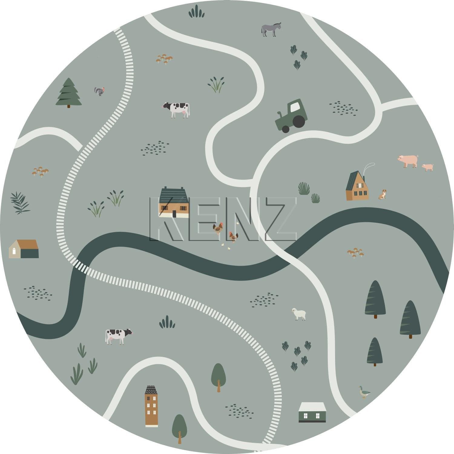 self-adhesive wallpaper circle tractors and farm animals greyish green 159068